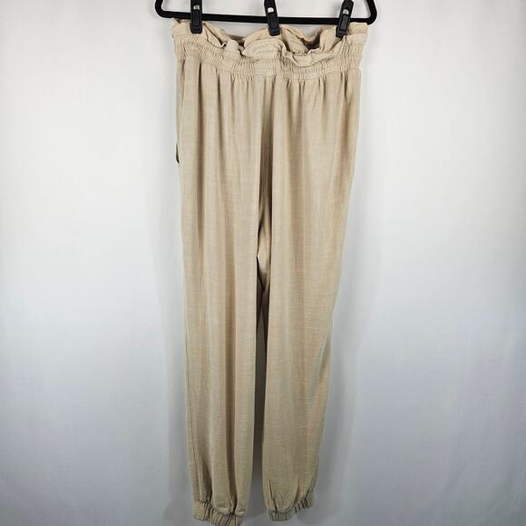 NWT BLANKNYC Ruffled Smocked Paperbag Elastic Waist Pull On Linen Jogger Pant L - Picture 3 of 12